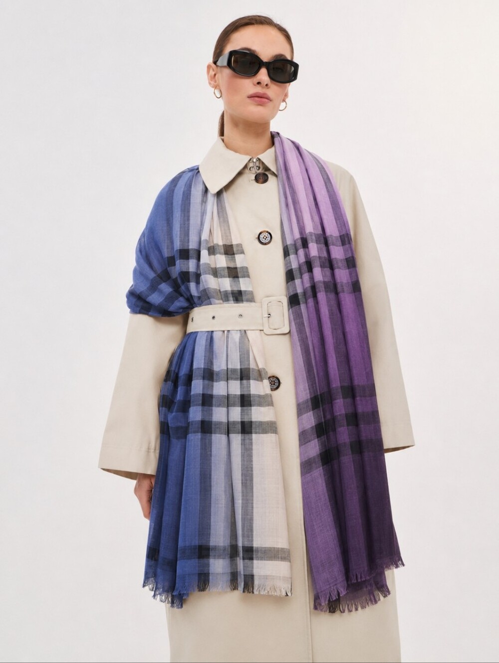 Blue/Purple Ombré Burberry Giant Check Gauze Scarf Silk/Wool